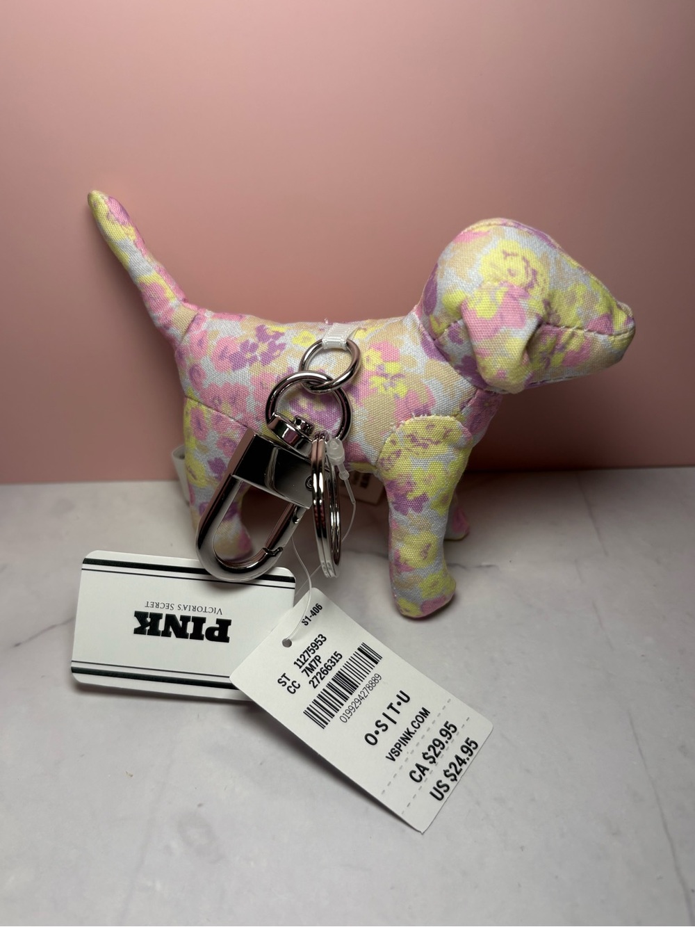 💛 PINK Victoria's Secret Pastel Floral Dog Bag Charm Keychain NWT